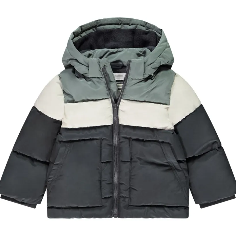 Donsjas met afneembare kap en colour block effect voor baby jongen
