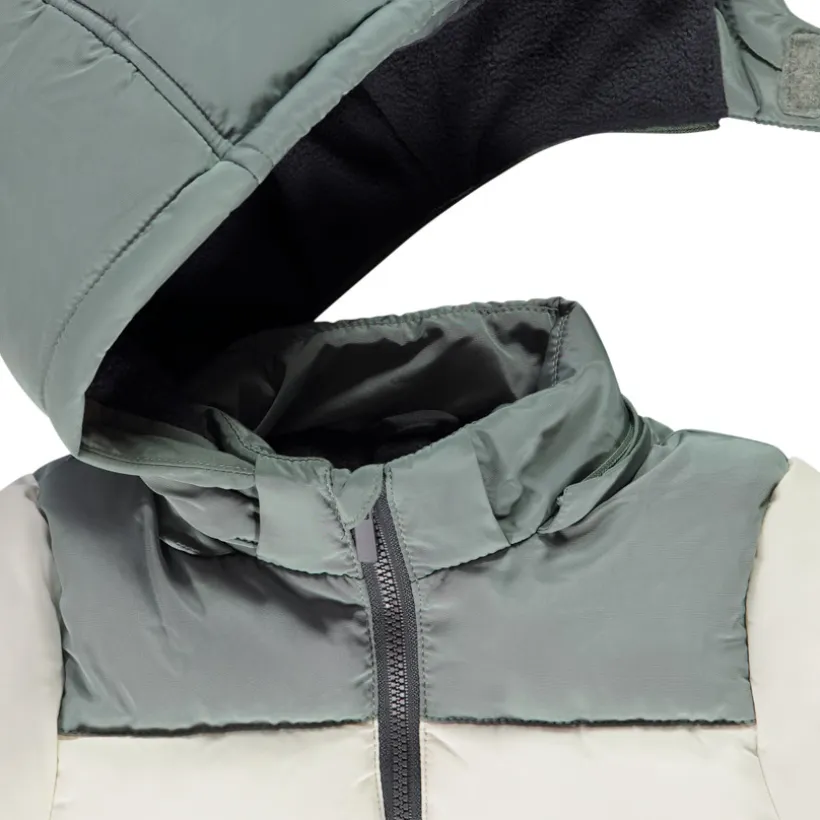Donsjas met afneembare kap en colour block effect voor baby jongen