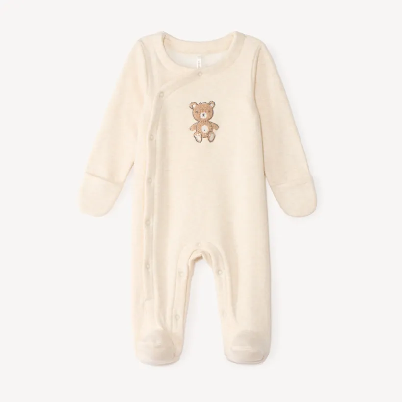 Dors-bien en velours pour nouveau-né doublé en sherpa avec patch en bouclette ourson.