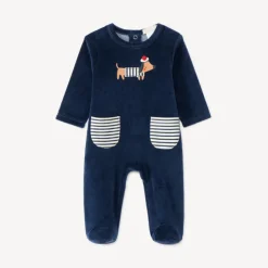 Dors-bien in velours voor babyjongens met dachshund borduursel.