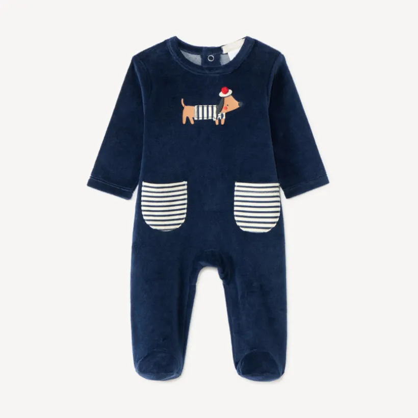Dors-bien in velours voor babyjongens met dachshund borduursel.