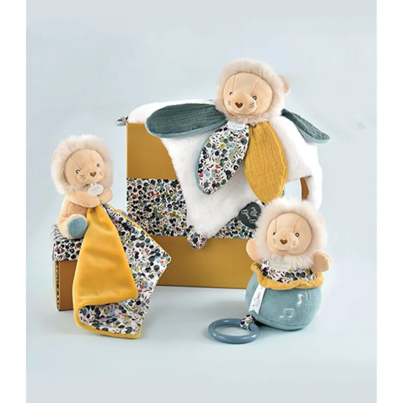 Doudou Lion jaune plat avec pétales Boh'Aime 27cm