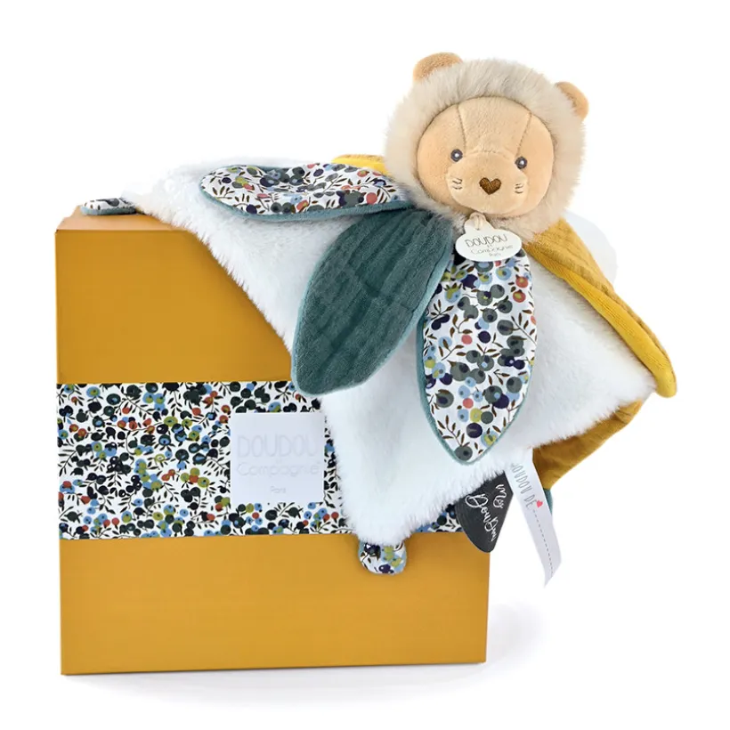 Doudou Lion jaune plat avec pétales Boh'Aime 27cm