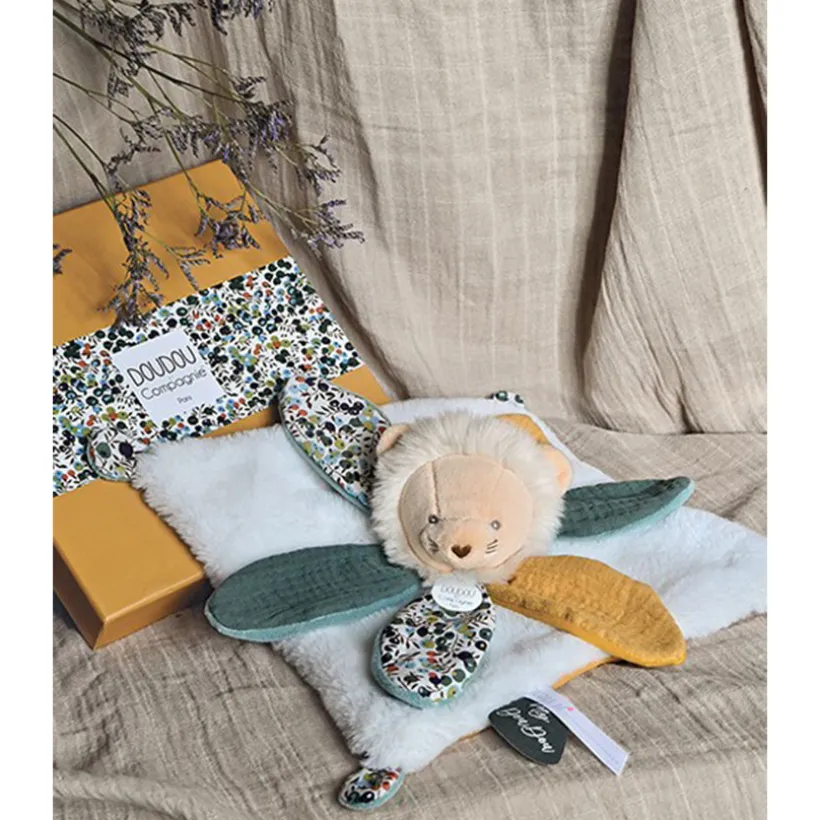 Doudou Lion jaune plat avec pétales Boh'Aime 27cm