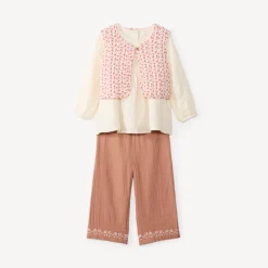 Driekleurige baby's meisjes set met tuniek + broek + mouwloze bloes.