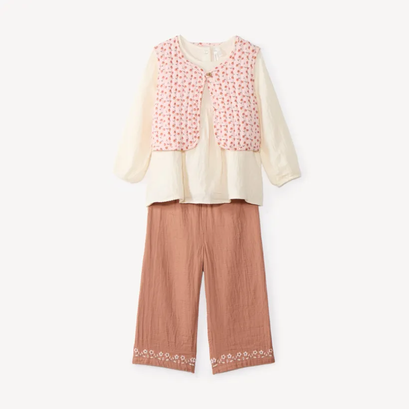 Driekleurige baby's meisjes set met tuniek + broek + mouwloze bloes.