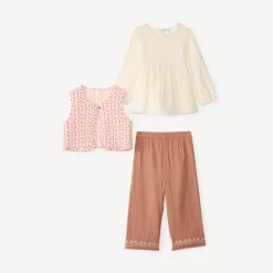 Driekleurige baby's meisjes set met tuniek + broek + mouwloze bloes.
