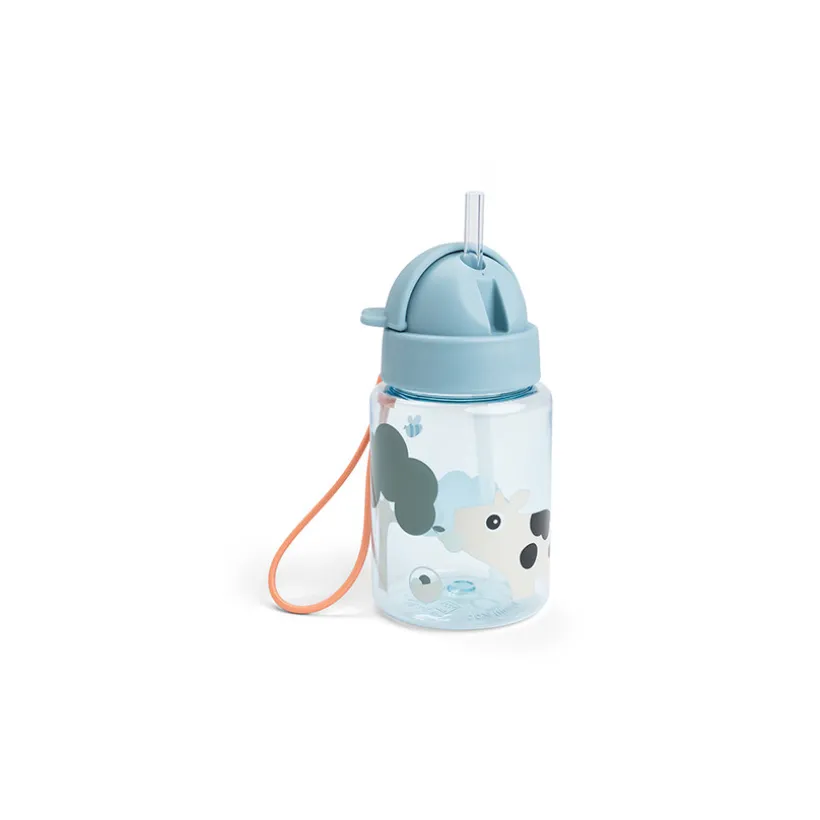 Drinkfles met rietje Tiny Farm blauw van Done By Deer, anti-lek en draagkoord