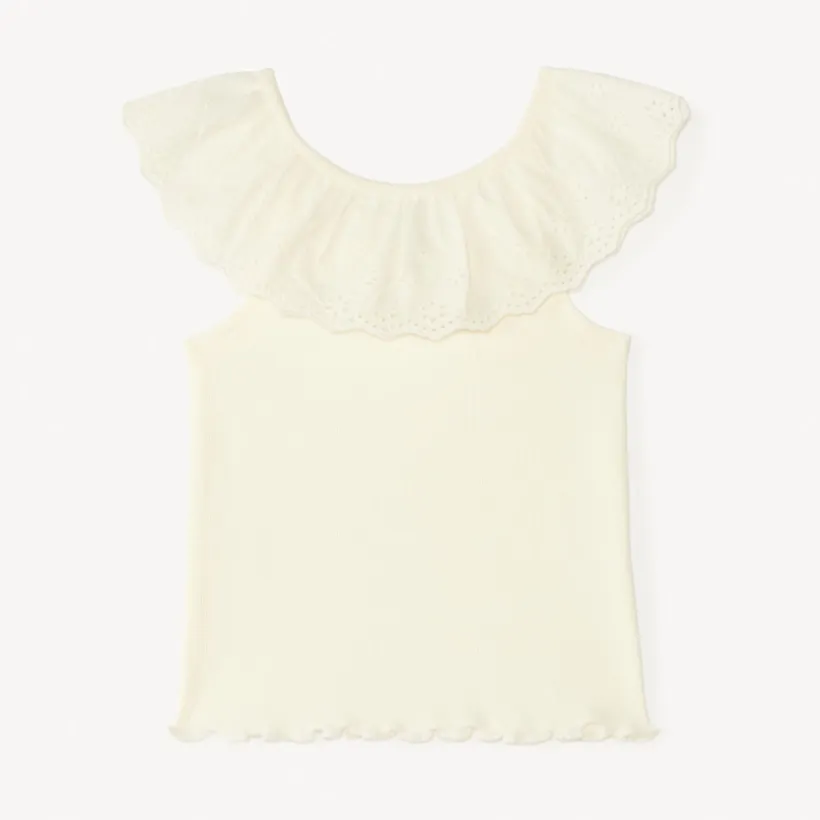 Effen ribgebreide tanktop met volantkraag in Engels borduursel voor baby meisjes