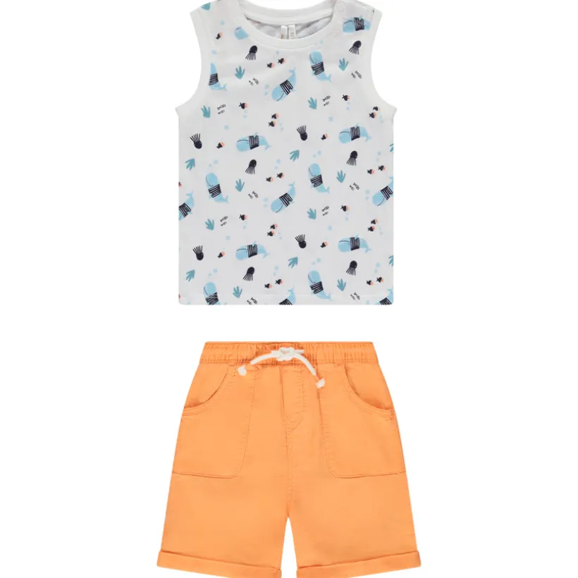 Ensemble bermuda uni + mouwloos bedrukt marin hemdje voor baby jongen