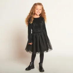 Feestjurk met 2-in-1 effect in tule en fluweel meisjes zwart