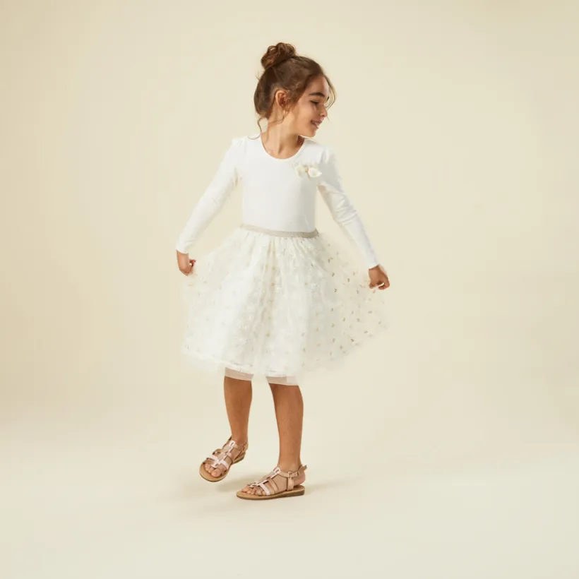 Feestjurk met lange mouwen en 2-in-1 effect in tule meisjes