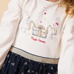 Feestjurk met lange mouwen 2-in-1 effect in bi-materiaal voor meisjes