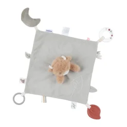 Fluffy knuffeldoekje met activiteiten Highland koe kaki beige