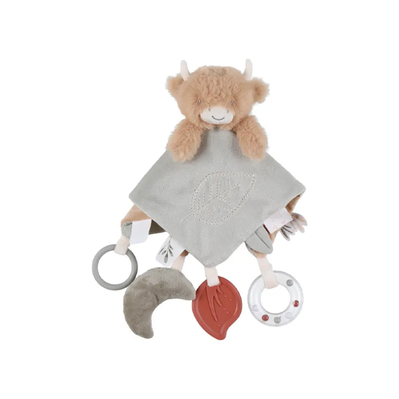 Fluffy knuffeldoekje met activiteiten Highland koe kaki beige
