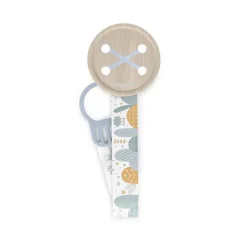 Fopspeenclip Dreams blauw met dubbelzijdig lint en houten knop