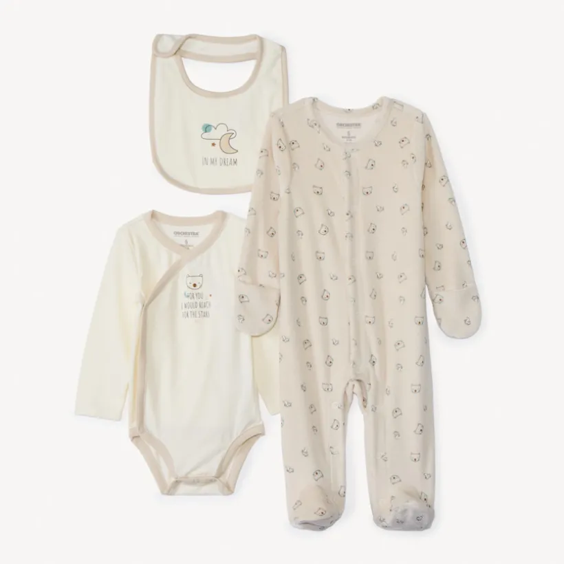Geboorteset 3-delig met pyjama in fluweel en berenprint voor baby