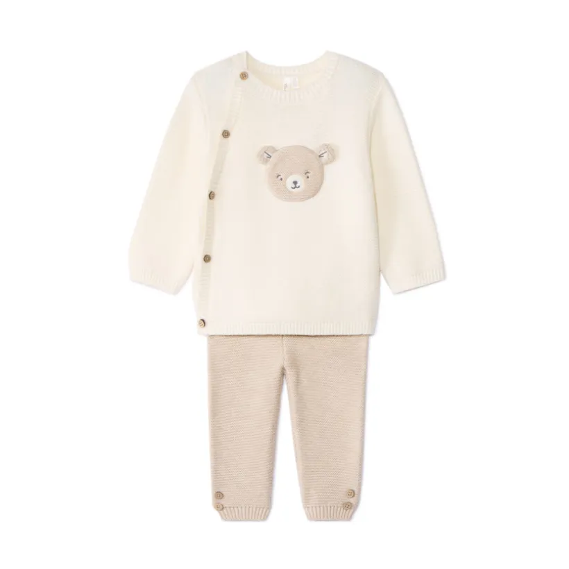 Gebreid 2-delig babysetje met beer patch