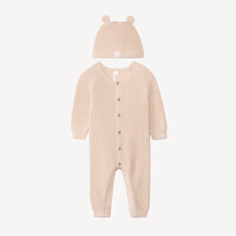 Gebreide effen parelsteek pyjama met muts voor baby