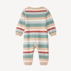 Gebreide gestreepte babyjongens overall met leeuwborduring