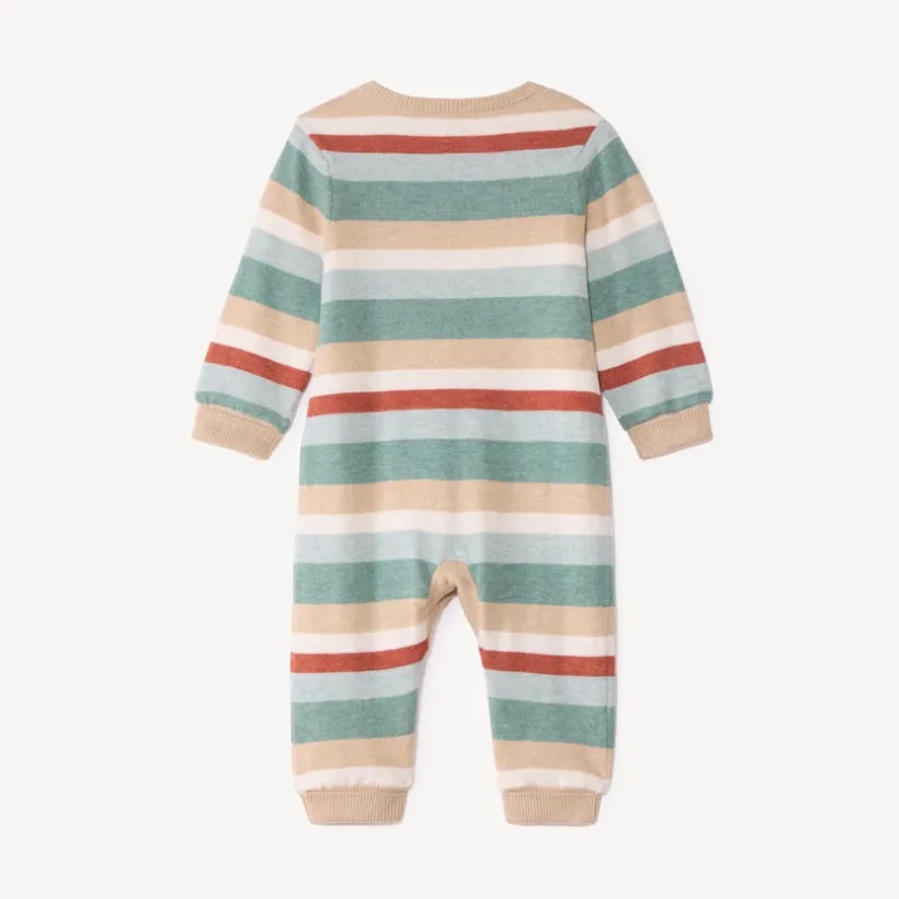 Gebreide gestreepte babyjongens overall met leeuwborduring