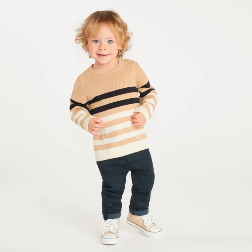 Gebreide gestreepte trui met bi-materiaal effect voor kinderen