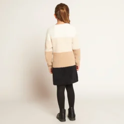 Gebreide jurk met fluffy colour block effect meisjes, met lange mouwen, ronde hals en gouden paillettenhart op de voorkant
