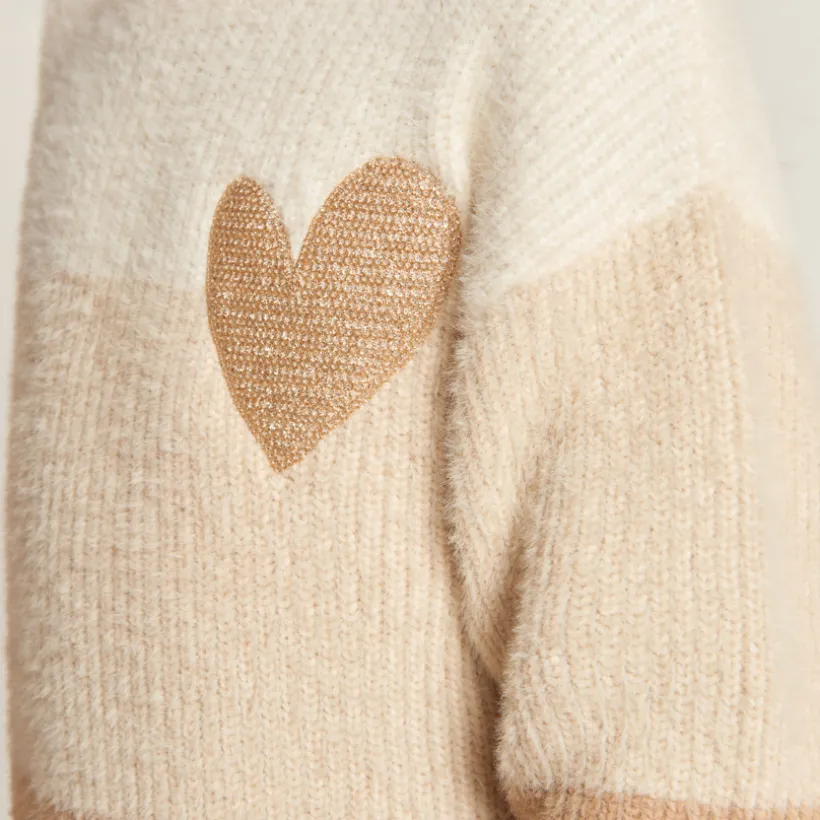 Gebreide jurk met fluffy colour block effect meisjes, met lange mouwen, ronde hals en gouden paillettenhart op de voorkant
