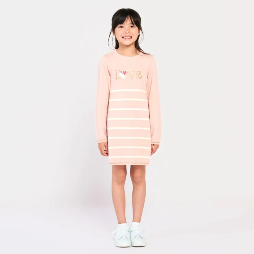 Gebreide jurk met lange mouwen, glitterprint en strepen meisjes