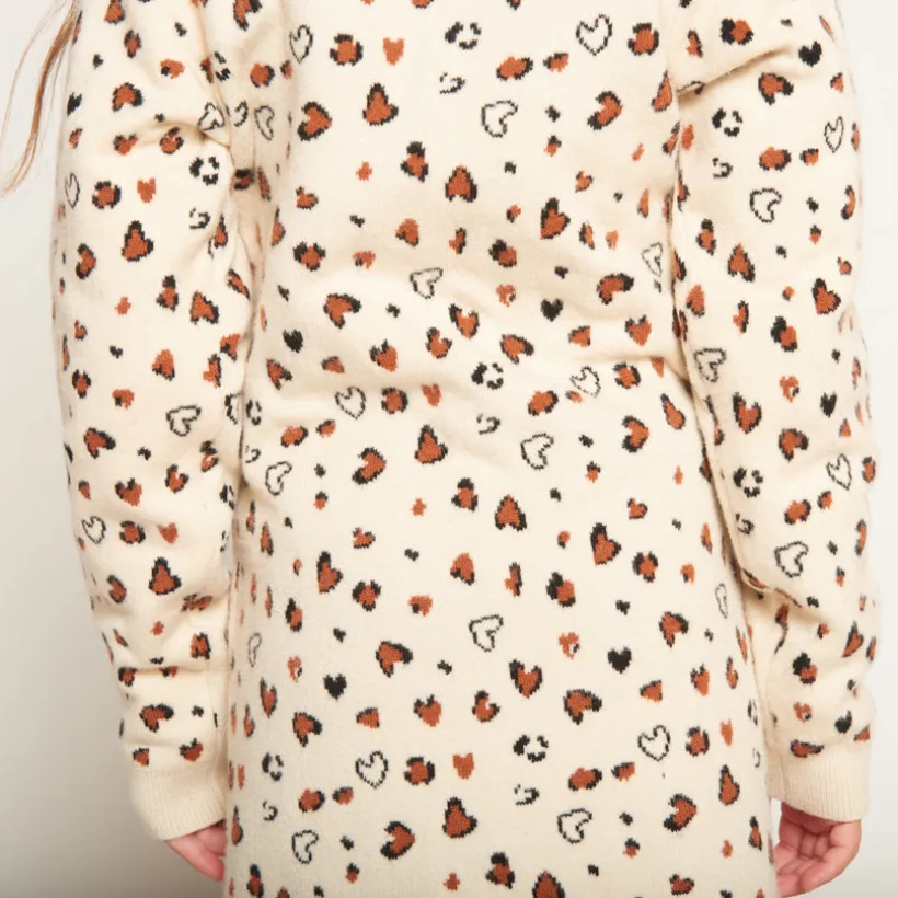Gebreide jurk met lange mouwen en allover jacquard luipaardprint meisjes
