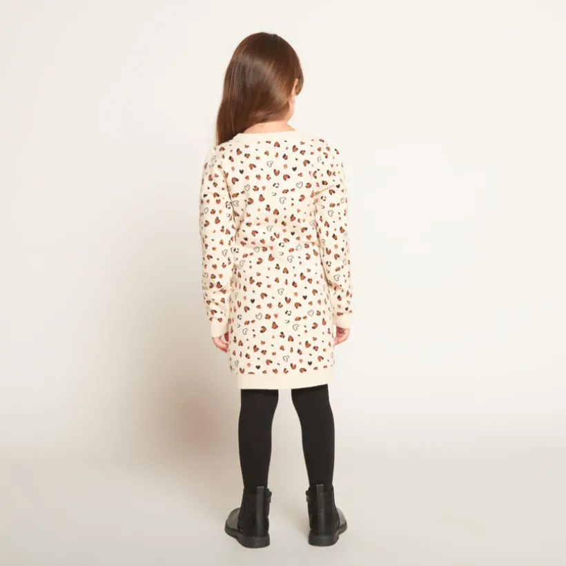 Gebreide jurk met lange mouwen en allover jacquard luipaardprint meisjes