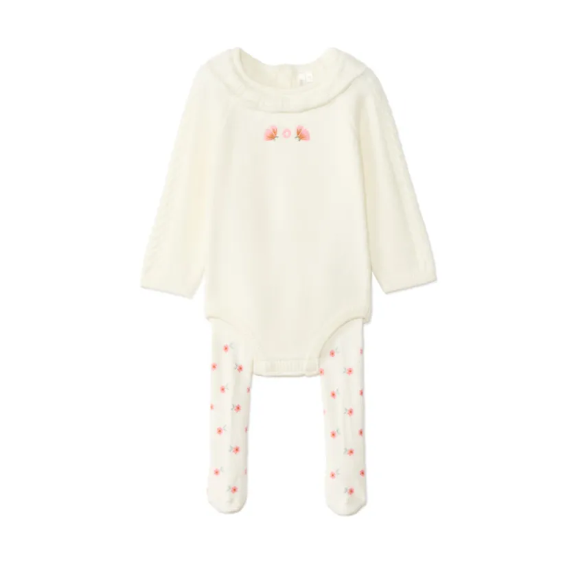 Gebreide romper en dikke panty meisjes écru