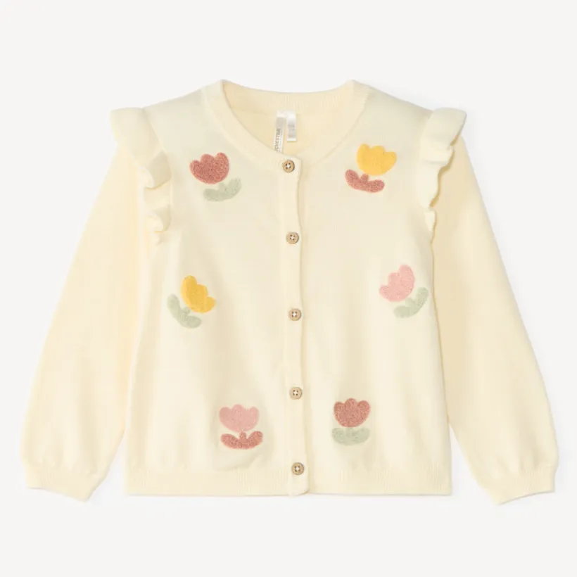 Gebreide stoffen vest voor meisjes met een fantasiepatroon en bouclette-patch.