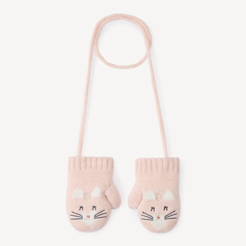 Gebreide verbonden wanten met kattenpatroon voor babymeisje