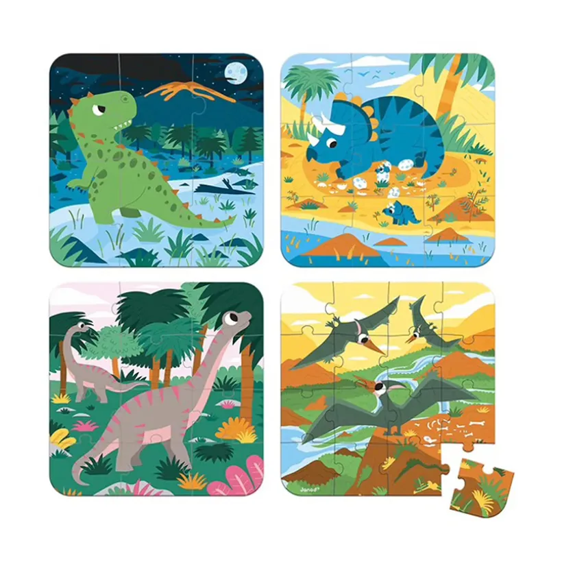 4 geleidelijk moeilijker wordende dinopuzzels van 6 tot 16 stukjes