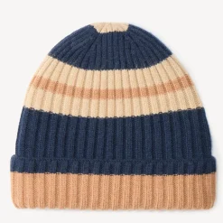 Gestreepte ribgebreide jongensmuts marineblauw/beige