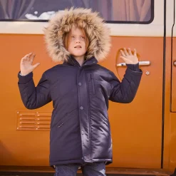 Gewatteerde parka met kap en afneembare nepbont jongens