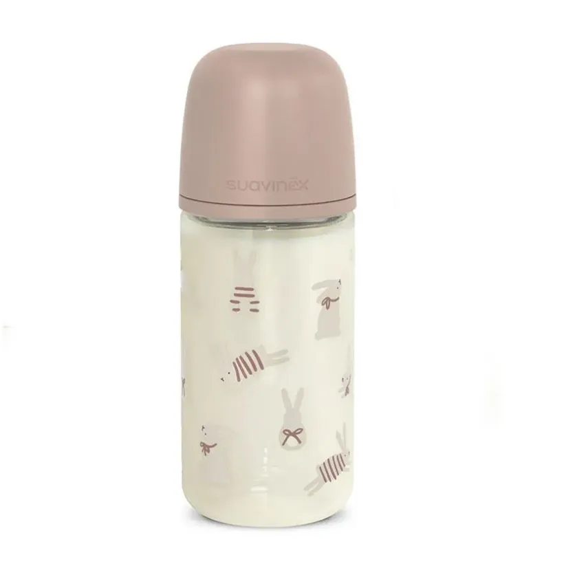 Glazen fles met fysiologische speen SX Pro M 240ml Wonderland met roze konijntjes