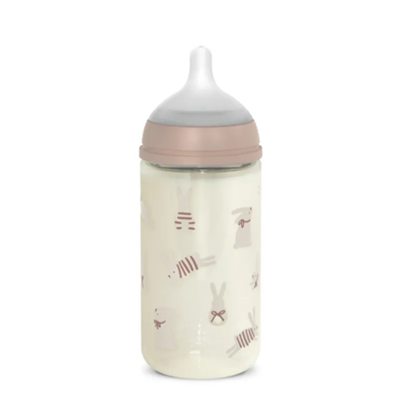 Glazen fles met fysiologische speen SX Pro M 240ml Wonderland met roze konijntjes
