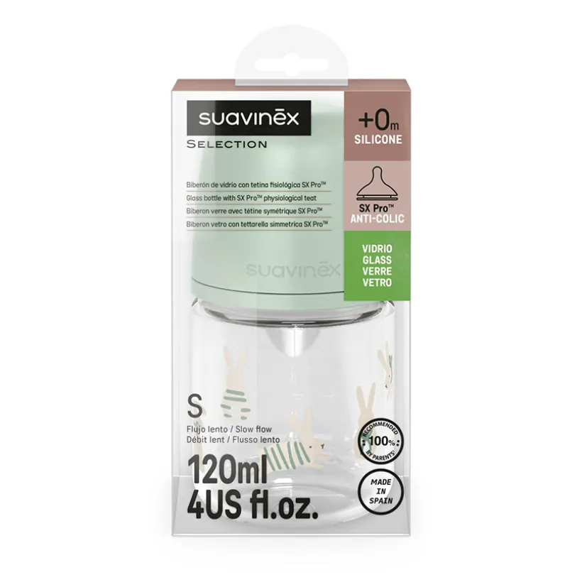 Glazen fles met fysiologische speen SX Pro S 120ml Wonderland konijntjes groen