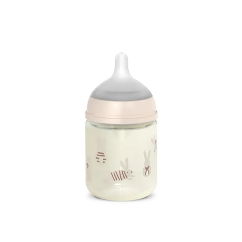 Glazen fles met fysiologische speen SX Pro S 120 ml Wonderland konijntjes roze