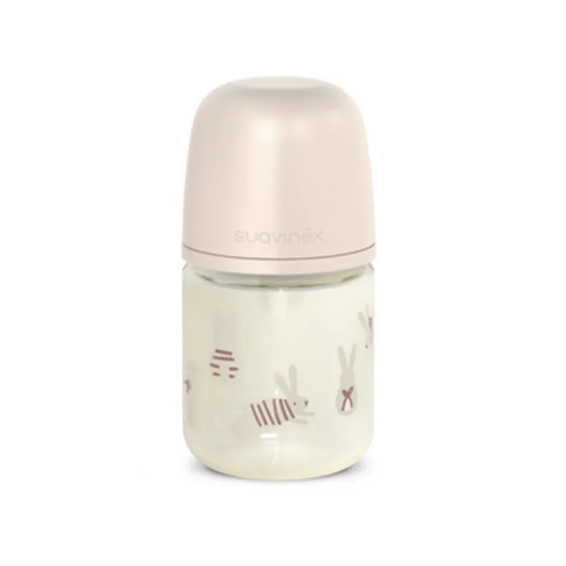 Glazen fles met fysiologische speen SX Pro S 120 ml Wonderland konijntjes roze