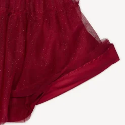 Glinsterende tulefeestrok meisjes in donkerrood met elastische gouden tailleband