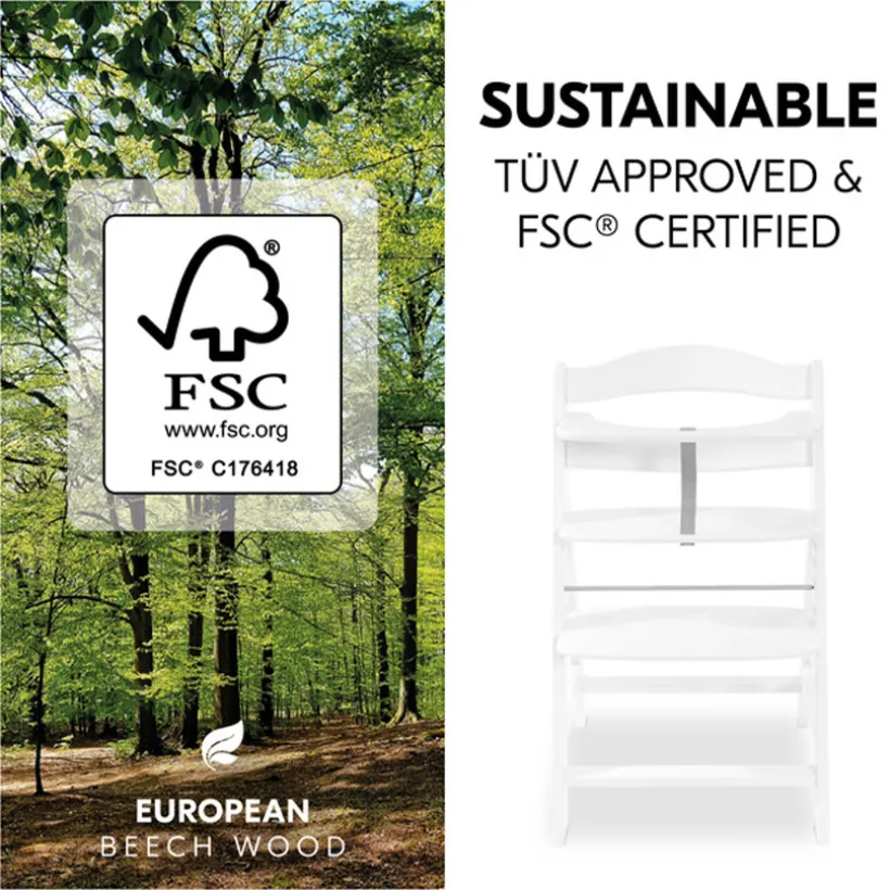 Hoge stoel Alpha + evolutief Europees beukenhout uit FSC®- Wit