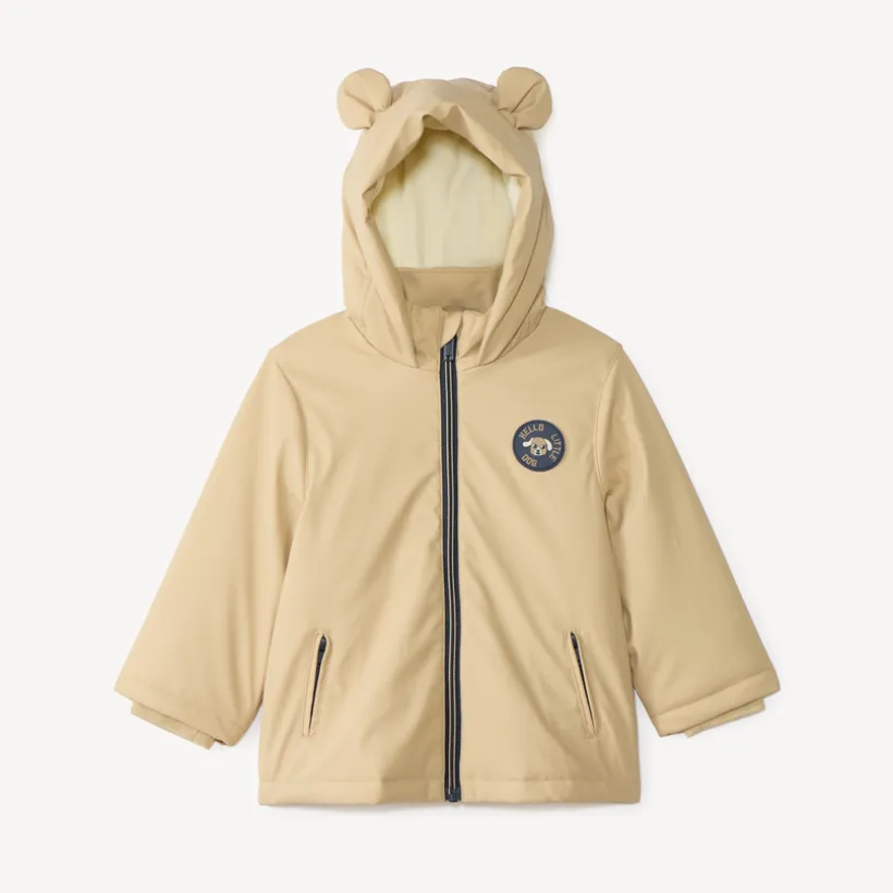 Jas van gum voor babyjongen, gevoerd met microfleece en met een capuchon met oortjes.