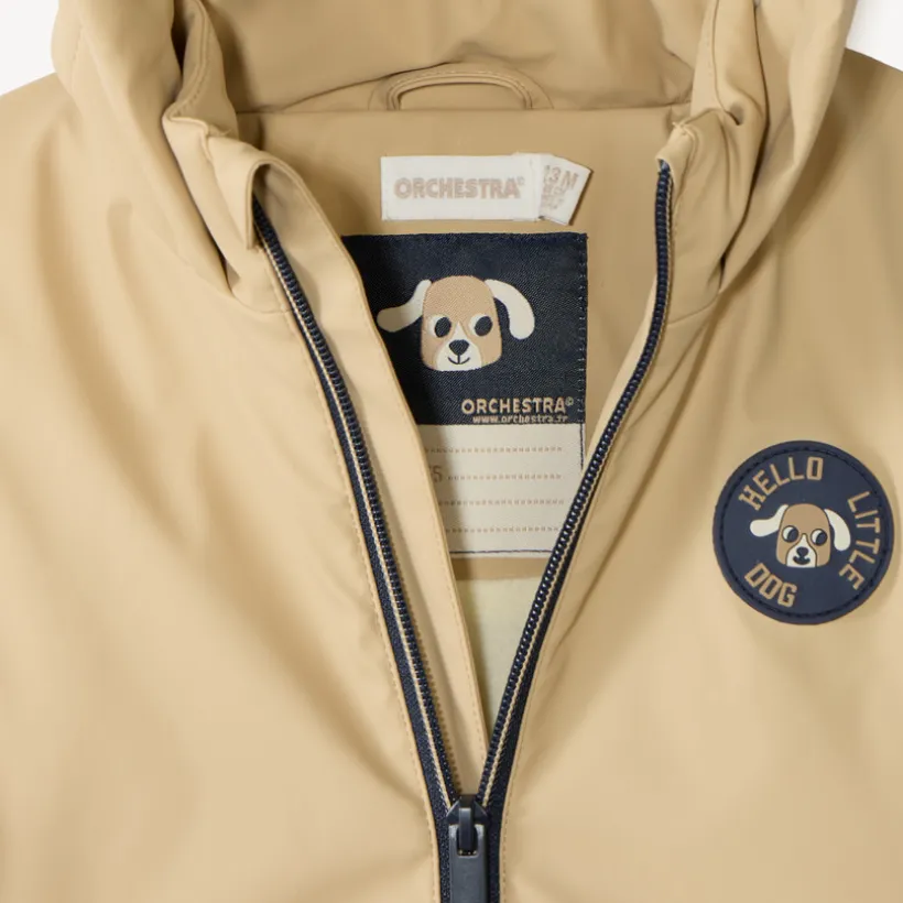 Jas van gum voor babyjongen, gevoerd met microfleece en met een capuchon met oortjes.