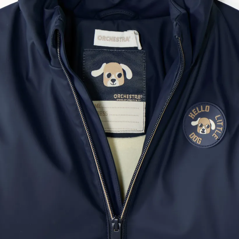 Jas van gum voor babyjongen, gevoerd met microfleece en met een capuchon met oortjes.