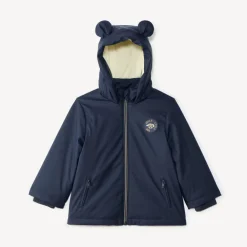 Jas van gum voor babyjongen, gevoerd met microfleece en met een capuchon met oortjes.