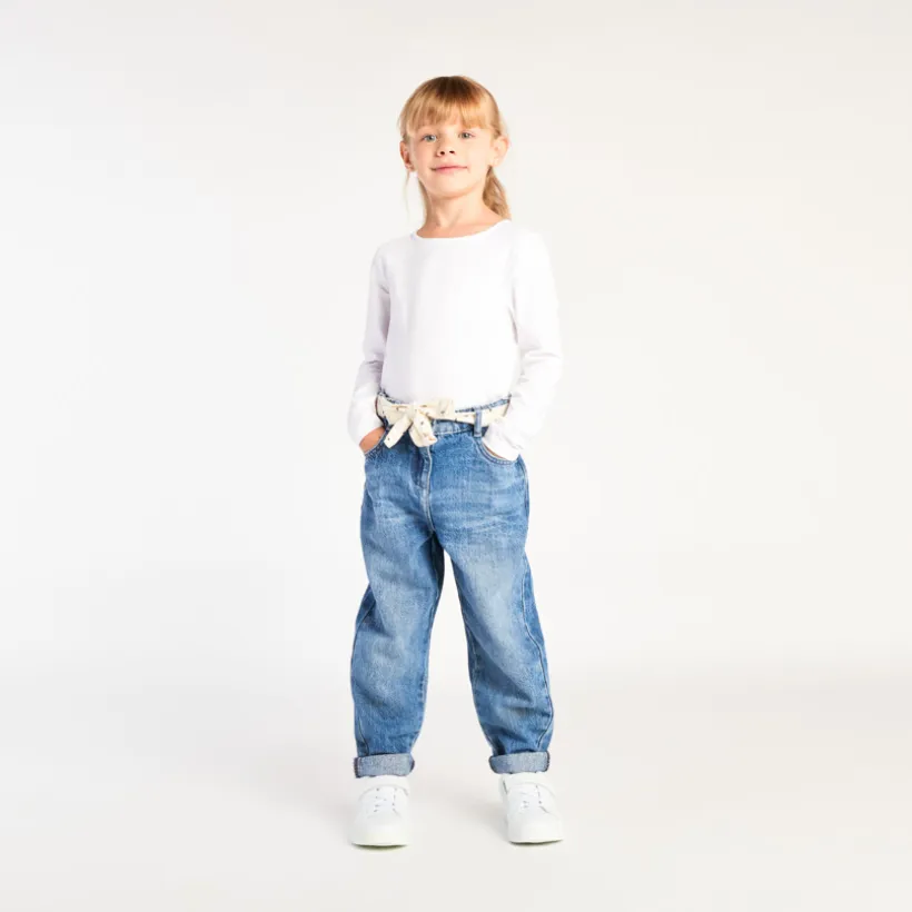 Jeans in denim momfit met elastische taille en fantasiehalsdoekje meisjes