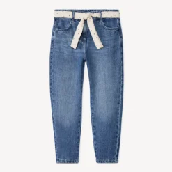 Jeans in denim momfit met elastische taille en fantasiehalsdoekje meisjes